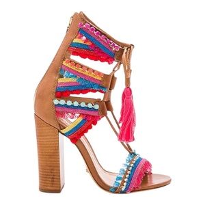 Schutz X Revolve CALLA Lace-Up Multi-Color Tassel Bamboo Brown Block Heel Size 8